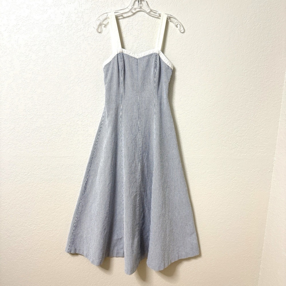 Vintage Armani Jeans Dress Womens 4 Blue Seersucker Striped Sundress Coastal - Picture 1 of 11